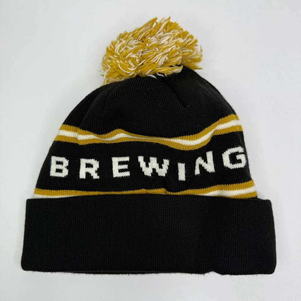 Pryes Brewing Beanie Mens OSFM Black Gold Striped Pom Pom Knit Hat Craft Beer